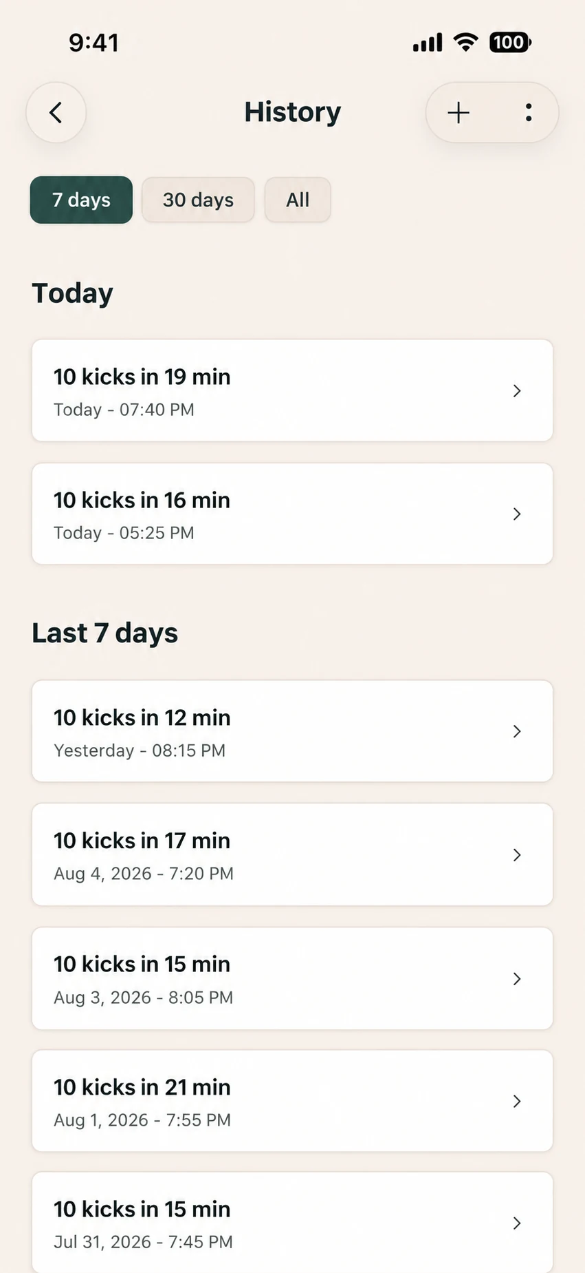 Kick Counter history showing session dates and the time taken to log 10 kicks.