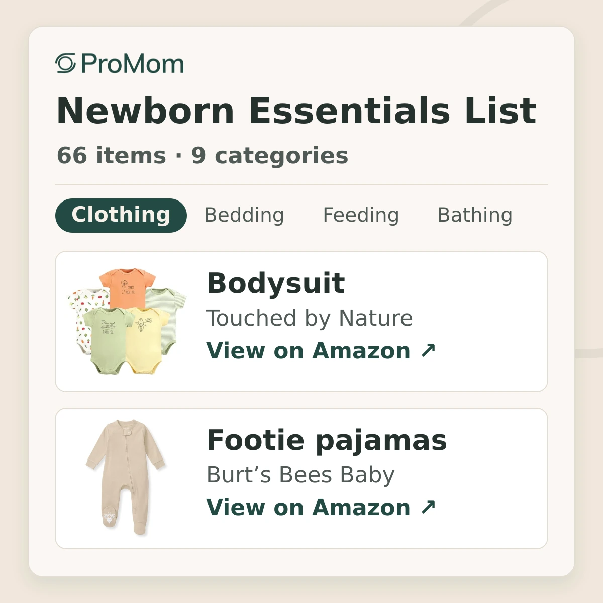 Preview of ProMom’s Newborn Essentials List, with categories and baby clothing picks.
