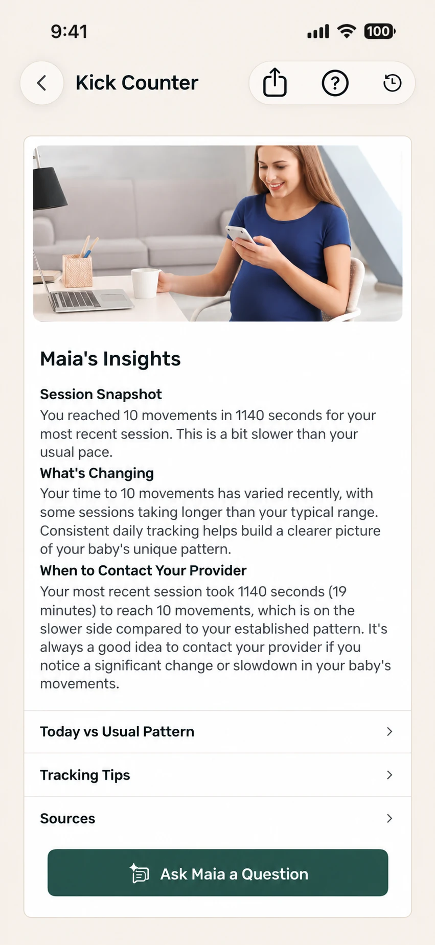 Maia’s Insights showing a session snapshot, recent changes, and when to contact a provider.